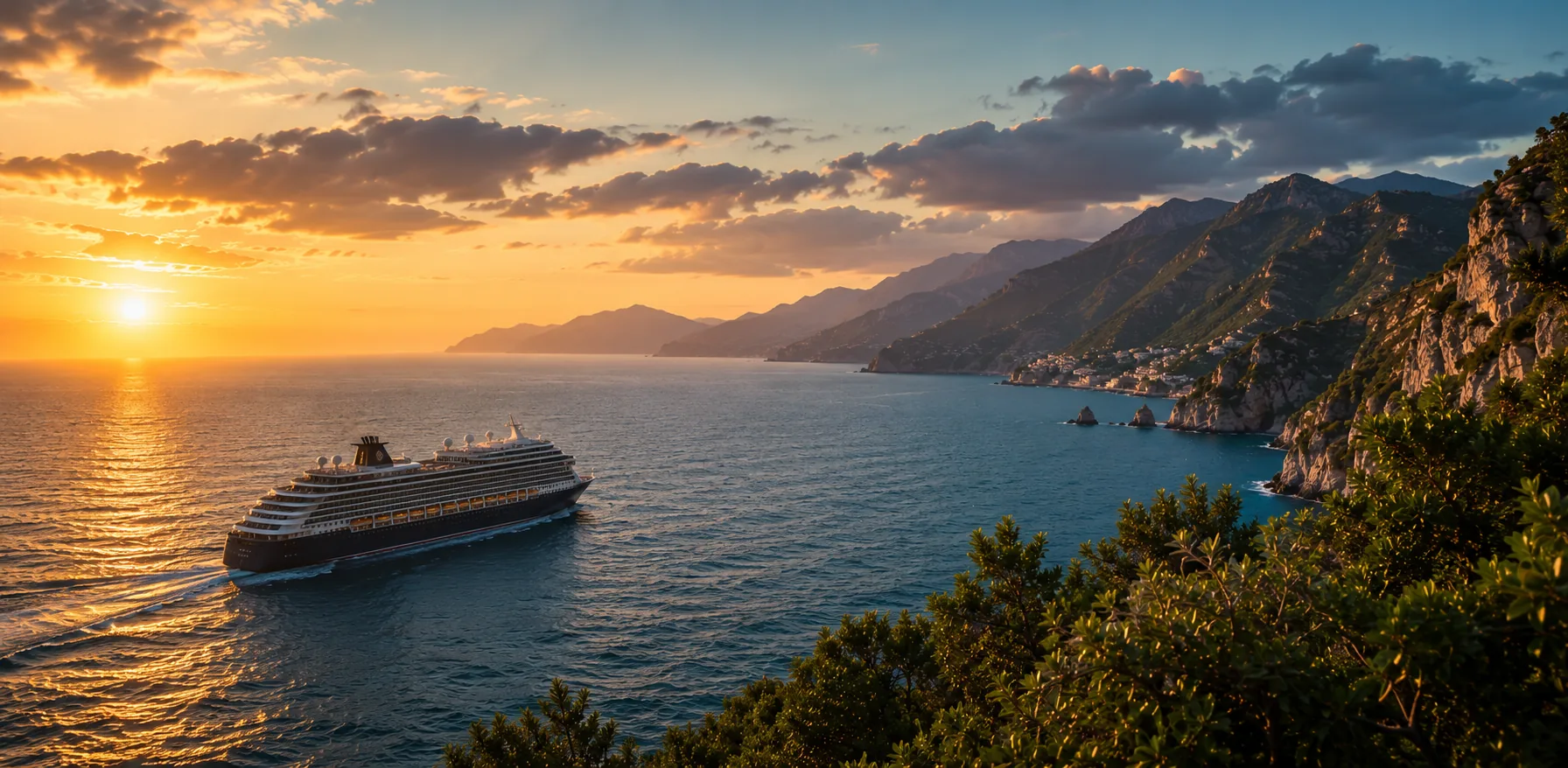 Cruise ship sailing through cinematic ocean waters